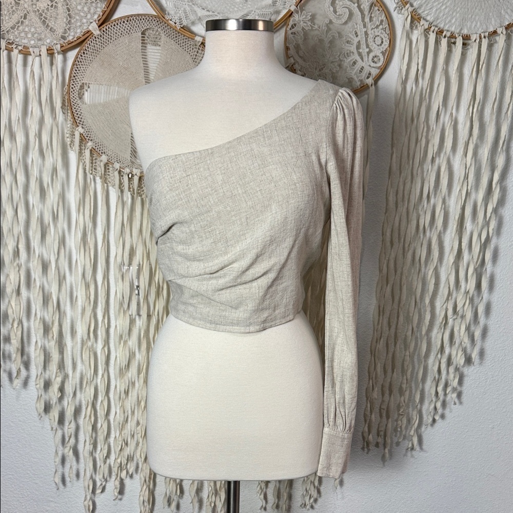 Stillwater LA Linen Blend Obe Shoulder Sleeve Cropped Boho Top in Natural Size S